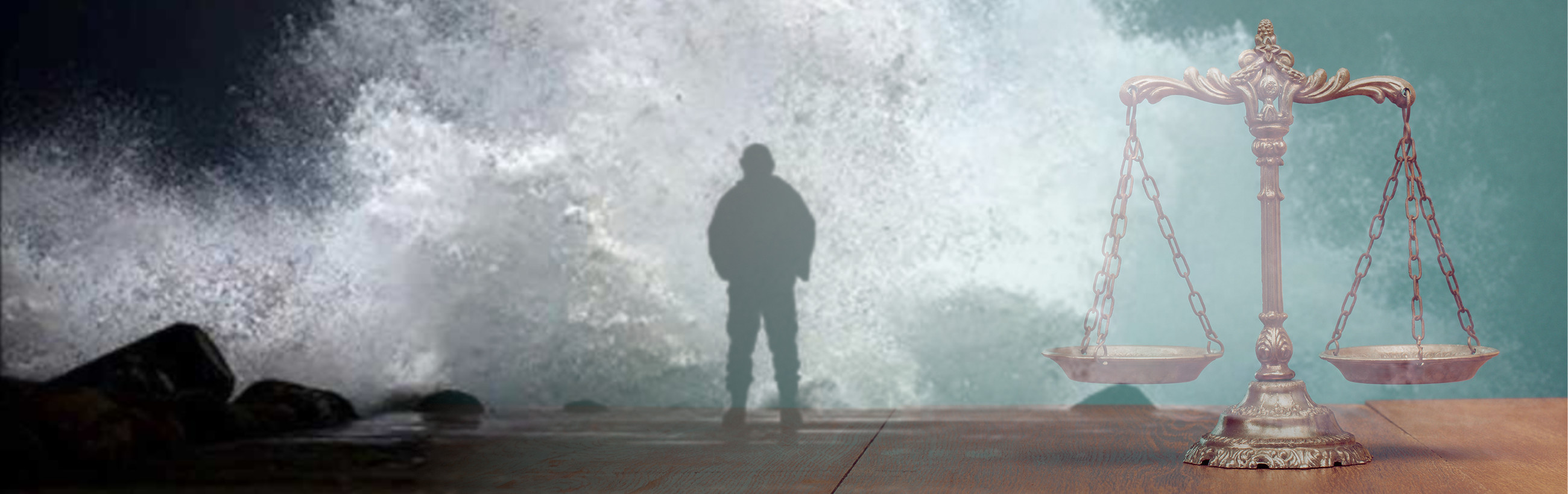 A panoramic image depicting a silhouette of a person standing on a wooden dock facing a large crashing wave. To the right, a finely detailed balance scale in bronze stands elegantly on the same surface, suggesting themes of balance and judgment.