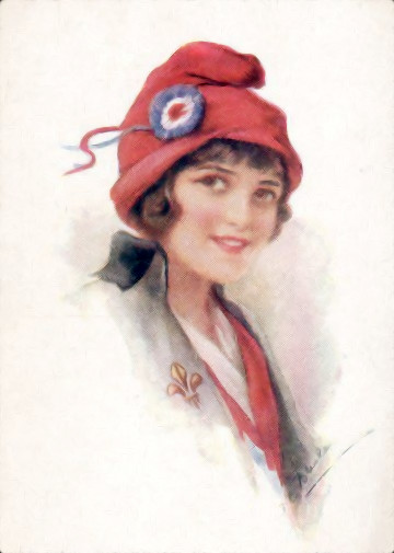Vintage portrait of a young woman with a cheerful expression, wearing a red hat decorated with a floral emblem and a blue ribbon. Her attire includes a gray coat with a red scarf and a small golden fleur-de-lis pin.