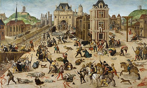 A historical painting depicting a bustling city scene during the Renaissance era. The foreground shows diverse activities with people engaged in buying and selling goods, horses and carts moving, and several figures in varied attire interacting or carrying out daily tasks. In the background, the city architecture features classical stone buildings, some with spires, and a distant view outlines other buildings under a cloudy sky.
