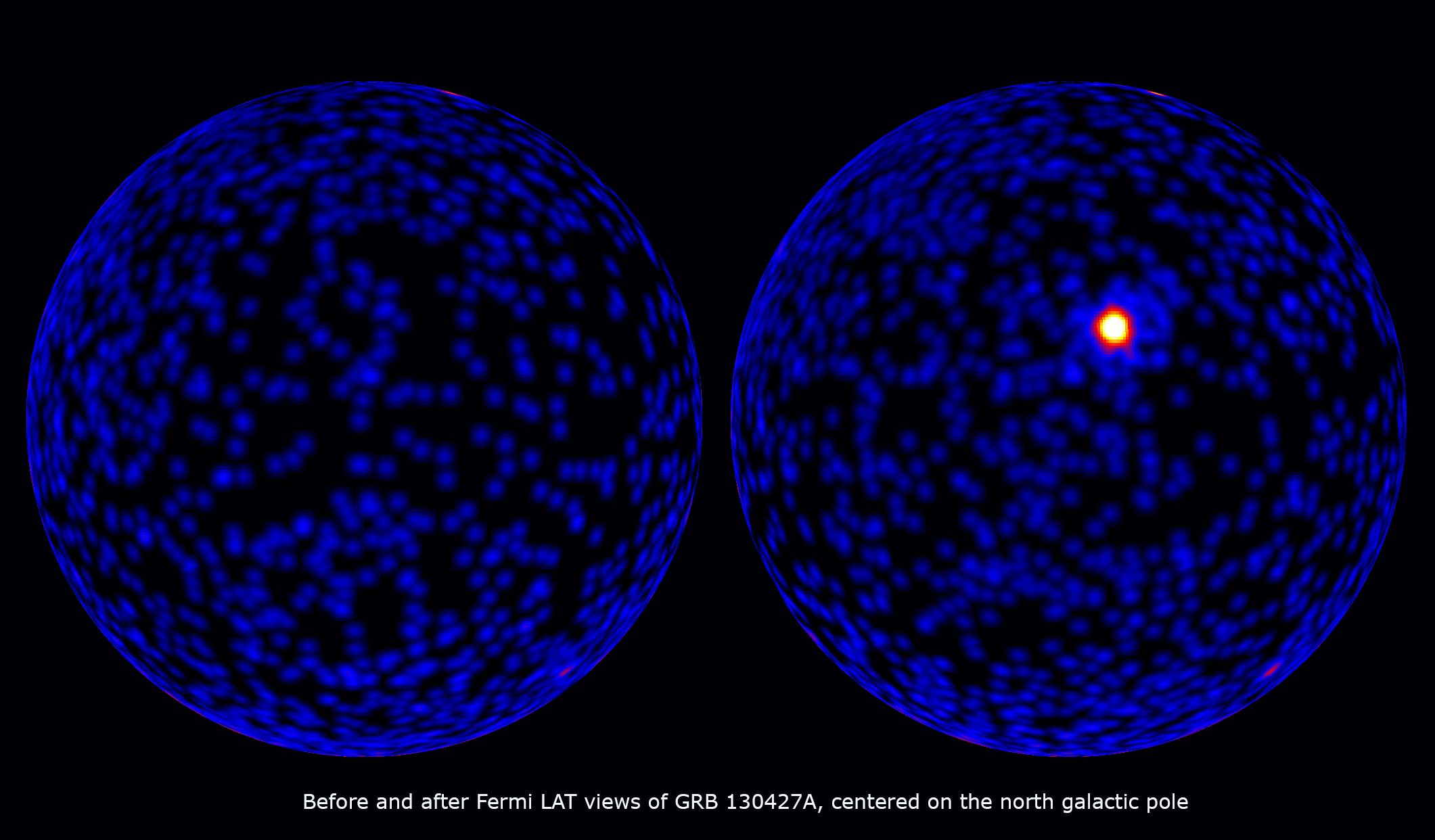 Two spherical images side by side against a black background, depicting astronomical observations. The left sphere shows a dense field of faint blue specks representing celestial bodies. The right sphere displays a similar scene but with a prominent bright red and white spot at the center, representing a significant astronomical event observed by the Fermi Large Area Telescope (LAT).