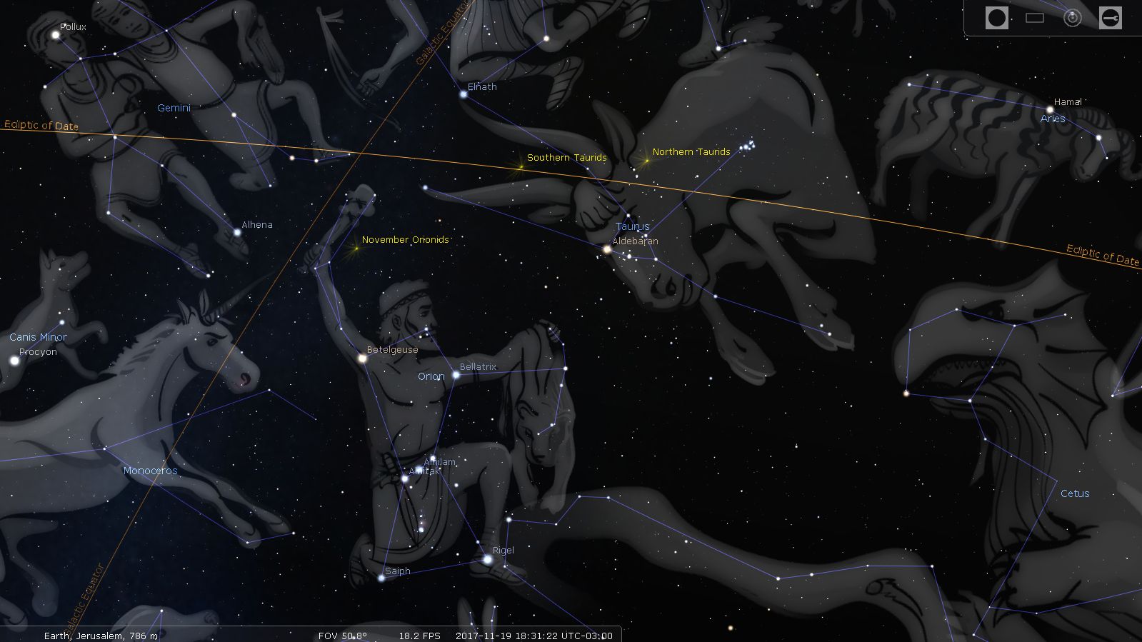 A detailed astronomical chart displaying constellations and stars as viewed from Earth. Illustrated figures representing various constellations such as Orion and Taurus are interconnected by lines depicting their star formations. Highlighted celestial bodies and meteor showers are annotated, along with the ecliptic line, against the backdrop of outer space.
