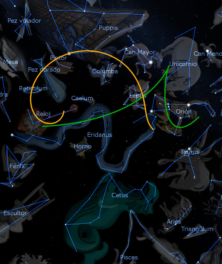 Imagen detallada de un mapa celeste que muestra varias constelaciones con nombres en español, conectadas por líneas azules que trazan sus formas. Se destacan elementos visuales como una esfera amarilla en el centro y un arco verde que se extiende a través de la imagen. El fondo es oscuro, simulando el espacio exterior.