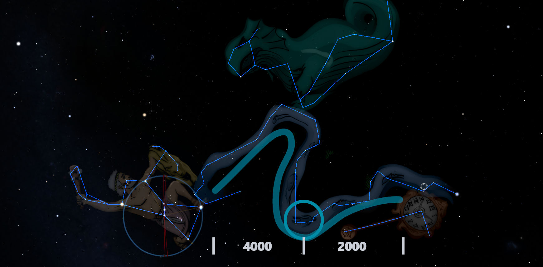 An illustration featuring artistically drawn and connected luminescent blue line representations of Mazzaroth constellations set against a dark starry space background. One figure resembles a man holding an item, the other is a large fish, visually expressed in mid-motion.