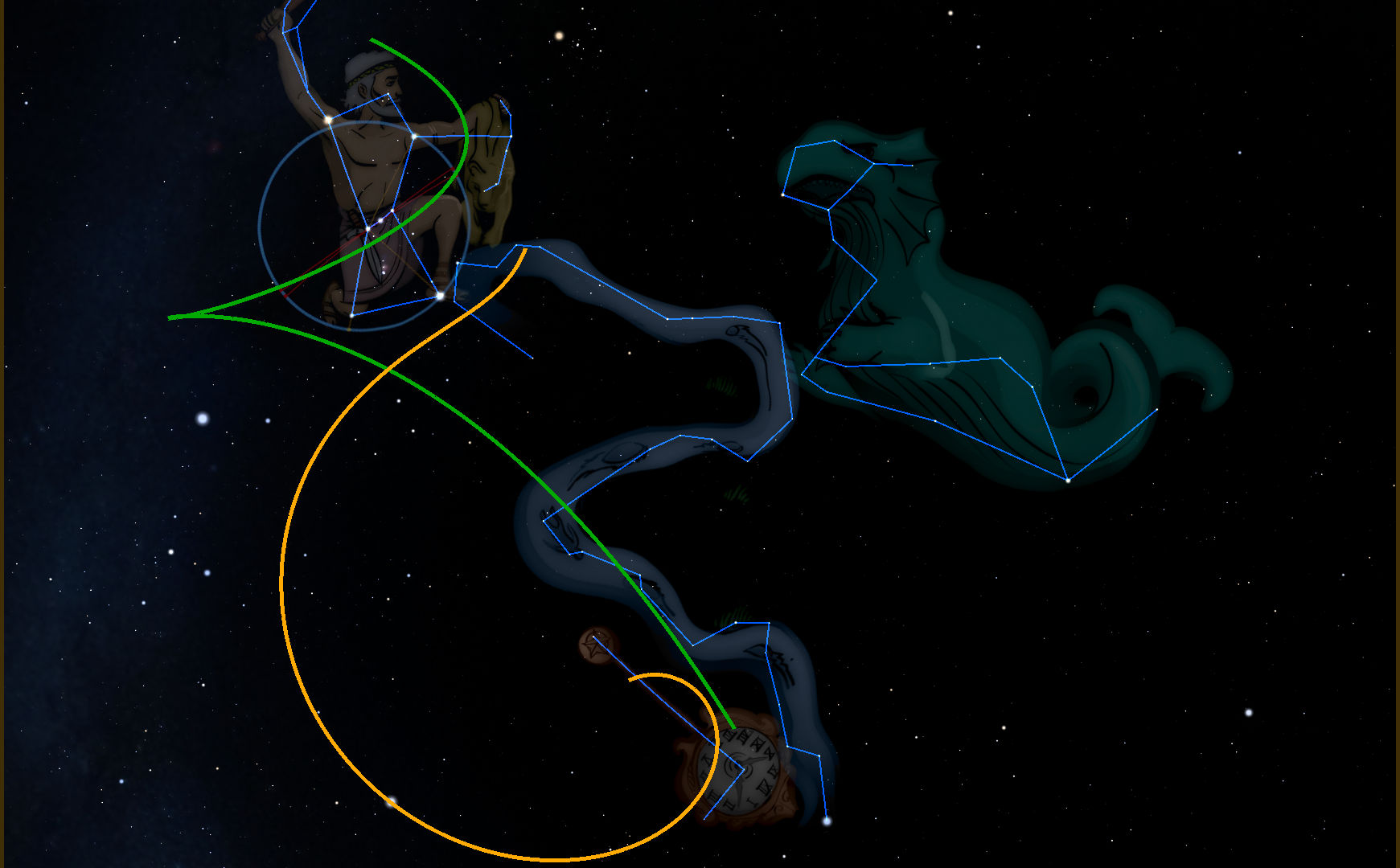 This image depicts a stellar night sky featuring clusters of stars connected by illuminated lines forming figures resembling a mythical archer and a large sea creature. Various colored circles and lines symbolize interactions between these figures against the dark cosmic background.