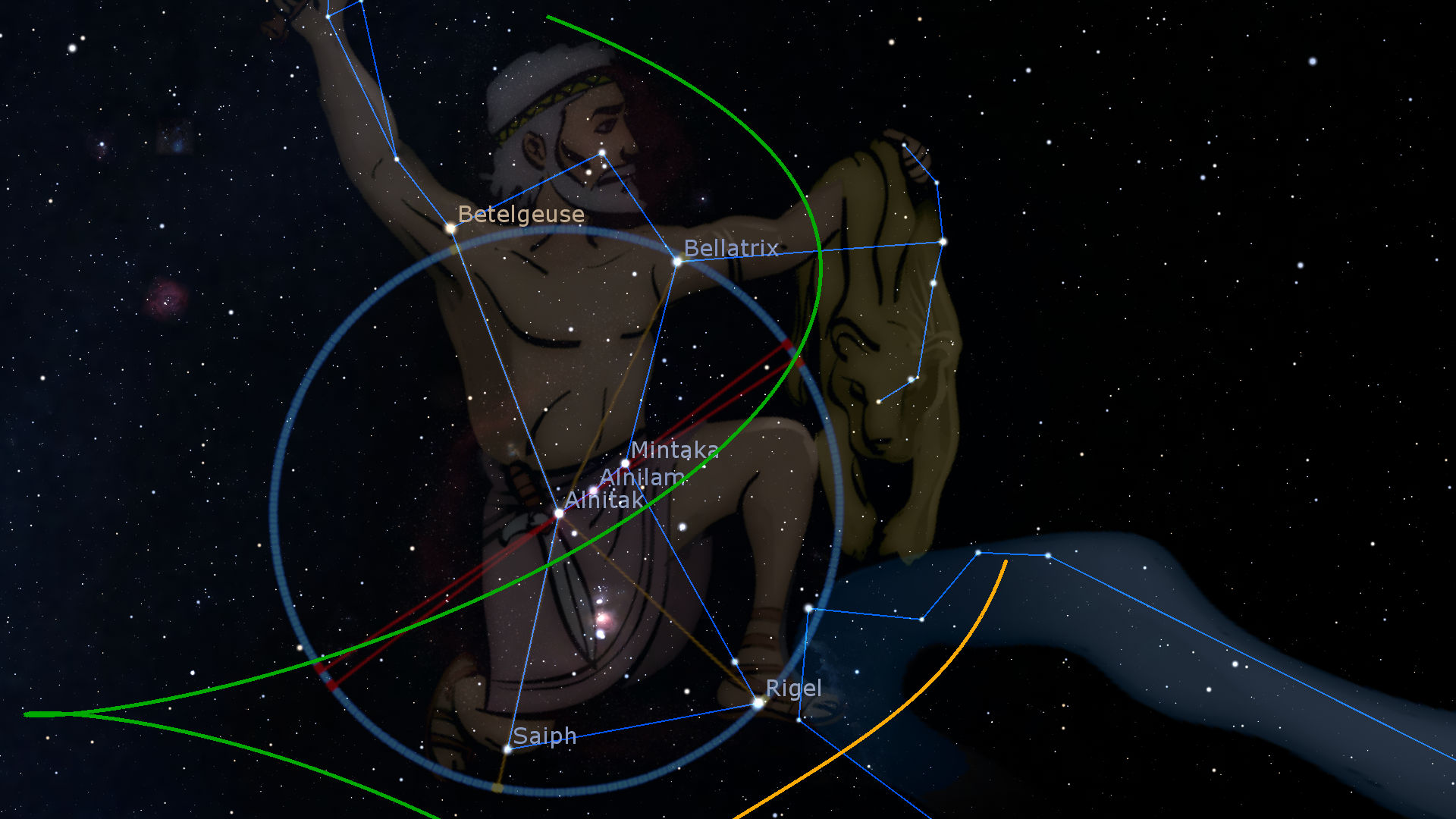 Imagen de una ilustración estelar mostrando dos figuras conectadas por líneas que forman una constelación del Mazzaroth, con nombres de estrellas visibles como Betelgeuse y Rigel, sobre un fondo de cielo nocturno estrellado.