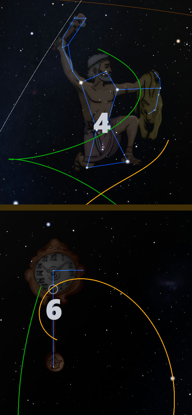 An illustration featuring a constellation figure of a man with a bow in the night sky, overlaid with lines and numbers hinting at celestial measurements. Below this constellation is an adorned circular object, possibly a clock, with lines and a number connecting it to the figure above, set against a backdrop of stars.
