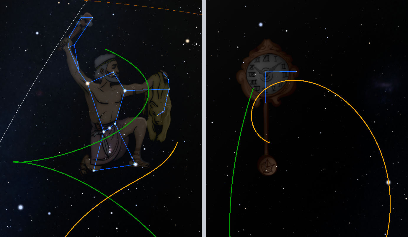 Digital illustration depicting a constellation from the Mazzaroth overlaid with lines and geometric shapes against a starry sky. On the left, a figure drawing a bow appears superimposed with blue and green lines. The right side features an ornate pendulum clock hanging in space with intersecting orange and green curved lines.