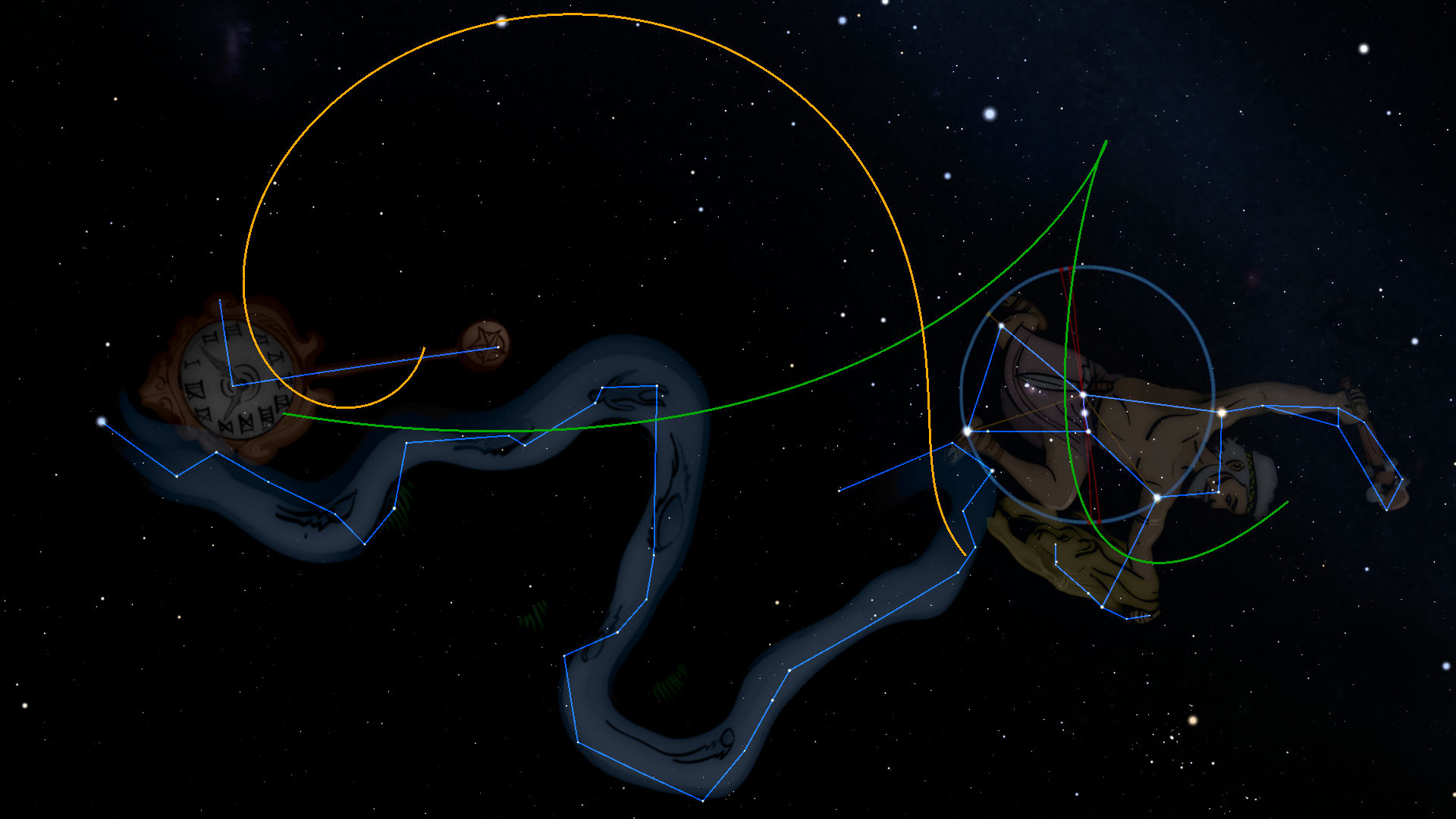 Illustration of three constellation figures set against a starry night sky, each depicted with vibrant overlays of geometric shapes and lines that map their forms. The stars are depicted as small light dots scattered across the dark cosmos, and each figure is connected by celestial pathways.