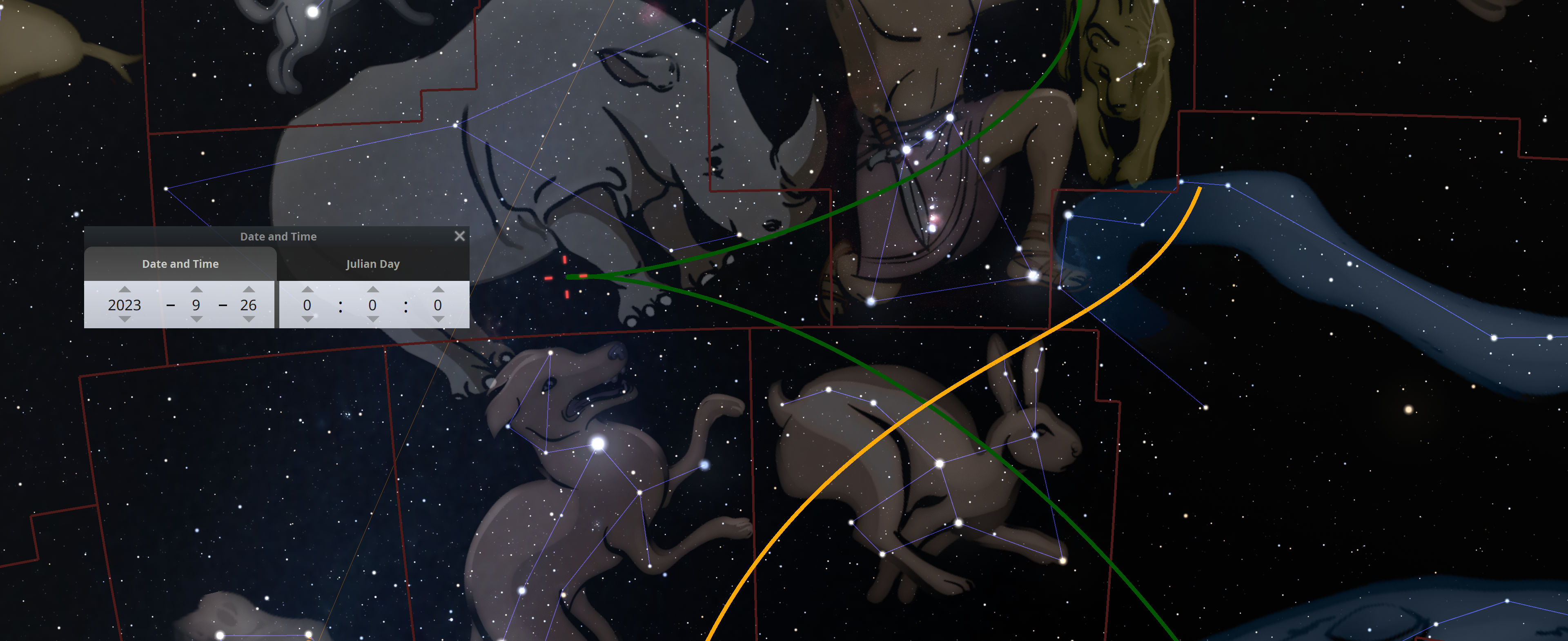 A digital illustration displaying the night sky filled with stars, overlaid with outlines and artistic depictions of figures from the Mazzaroth. The image includes a date and time interface indicating September 26, 2023. Multiple radiant lines and constellational boundaries segment the sky, highlighting the connectivity of celestial bodies.