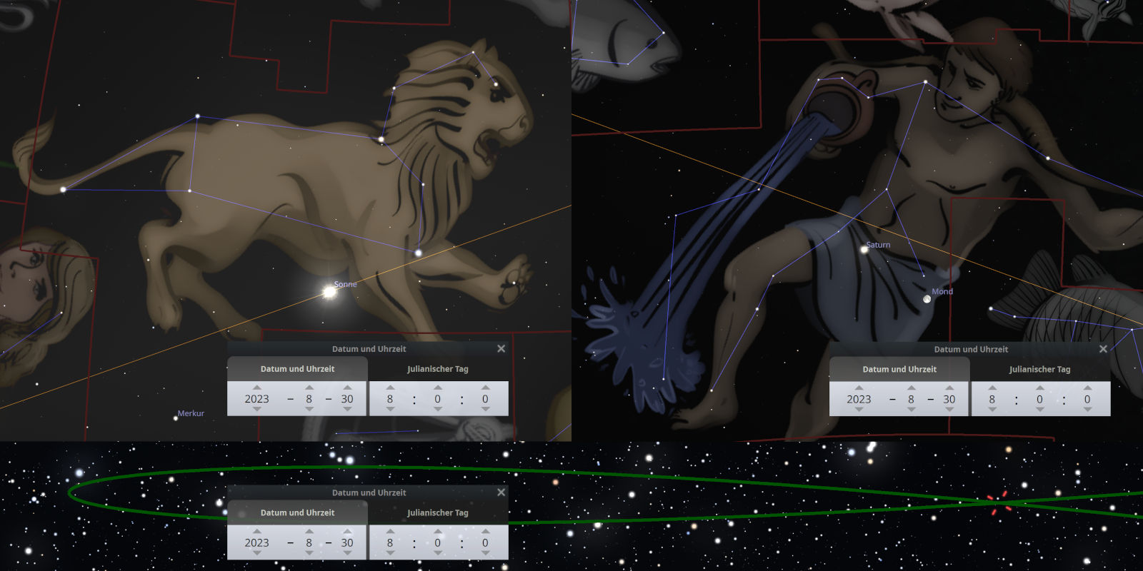 Astronomische Darstellung mit Bildern von gestalteten Sternkonstellationen, die einem Löwen und einer Frauengestalt ähneln, eingebettet in einem Sternenhimmel mit sichtbaren Planetenpositionen inklusive Merkur, Sonne, Saturn und Mond bezogen auf den 30. August 2023. Unterhalb ist eine graphische Überlagerung der Erdbahn um die Sonne angezeigt, hervorgehoben in grüner Farbskala.