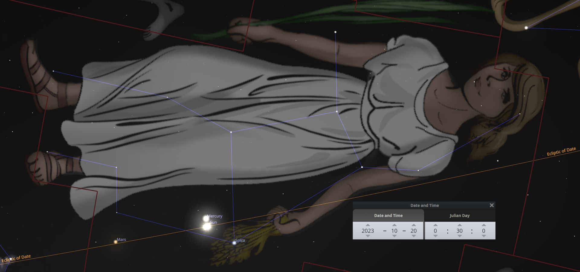 Illustration depicting a constellation in the night sky, represented by a figure of a woman dressed in a draped gown lying amongst the stars. Key celestial bodies such as the sun, Mars, and Mercury, as well as the bright star Spica are marked with their respective paths aligned along the celestial coordinates. Below the image, a digital overlay displays the date and Julian day.