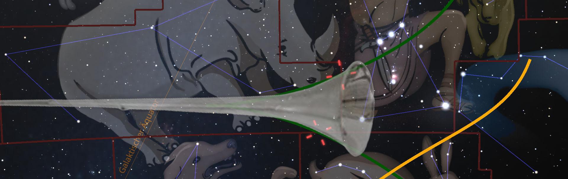 Digitale Darstellung des Nachthimmels, die verschiedene Konstellationen innerhalb der Mazzaroth zeigt, verdeutlicht durch aufleuchtende Sterne und verbunden durch Linien, vor einem dunklen Hintergrund mit einem großen grauen Mond und mehreren Sternen.