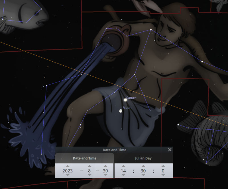 A detailed digital illustration showcasing a constellation often referenced in the Mazzaroth, depicted as a mythological figure pouring water from a large jar. Beneath, a software interface indicates celestial data including positions of the moon and Saturn, with a date and time display set to August 30, 2023, at 14:30 Julian Day.