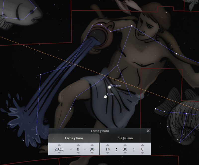 Ilustración digital que muestra una representación de una figura celestial derramando agua de dos jarras, con líneas de constelación superpuestas. En el fondo estelar se observan Saturno y la Luna, junto con configuraciones de líneas que conectan puntos luminosos, indicando la posición relativa de los cuerpos celestes. Incluye una interfaz con datos astronómicos específicos sobre fecha y hora.