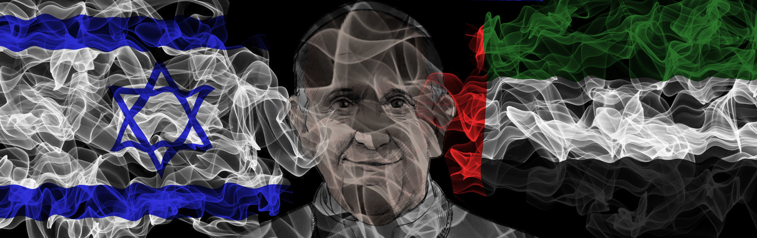 A composite image featuring two flags represented in dynamic, smoke-like patterns and the subtle, semi-transparent portrait of an elderly man centered between them. On the left, blue and white smoke forms a flowing pattern with a Star of David symbol, suggesting a flag. On the right, a merging of red, white, black, and green smoke patterns resembles a second flag. The man depicted has an earnest expression, hinting at themes of diplomacy or cultural significance.