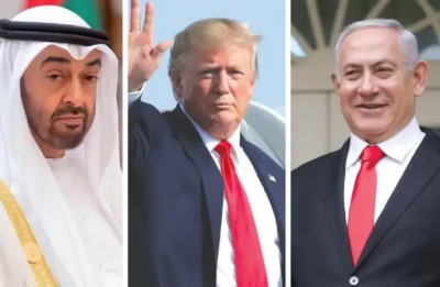 A collage of three separate photos featuring three men in formal attire. From left to right: a man in traditional Emirati clothing, another man in a blue suit with a red tie waving his hand, and a third man in a suit and red tie smiling and waving.