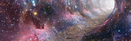 Una obra de arte digital que representa un camino hecho de piedras que serpentea a través de un vívido paisaje cósmico con nebulosas arremolinadas y estrellas centelleantes.