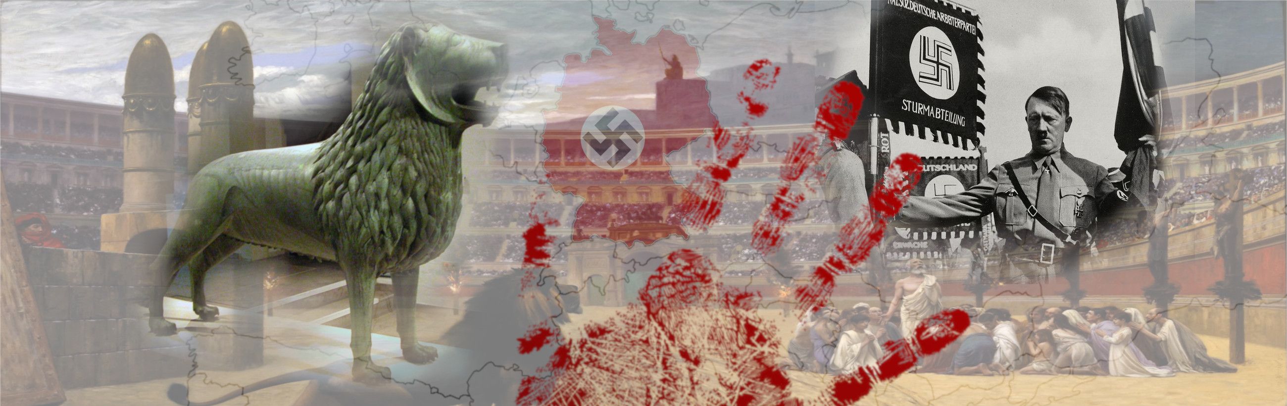 A complex montage featuring historical and representative imagery, including ancient architectural columns, a statue of a lion, depictions of European spectators in coliseum settings, symbolic red splatters overlaying segments of the continent's map, Nazi Germany imagery including a banner and a portrait of Adolf Hitler, and a serene biblical scene of people gathered in traditional robes.