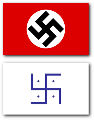 The image shows two symbols with similar geometry yet distinct contexts. The top symbol features a black rotated cross-like figure known as a swastika set against a red backdrop. The bottom symbol consists of a blue geometric design reminiscent of Indic cultural symbols.