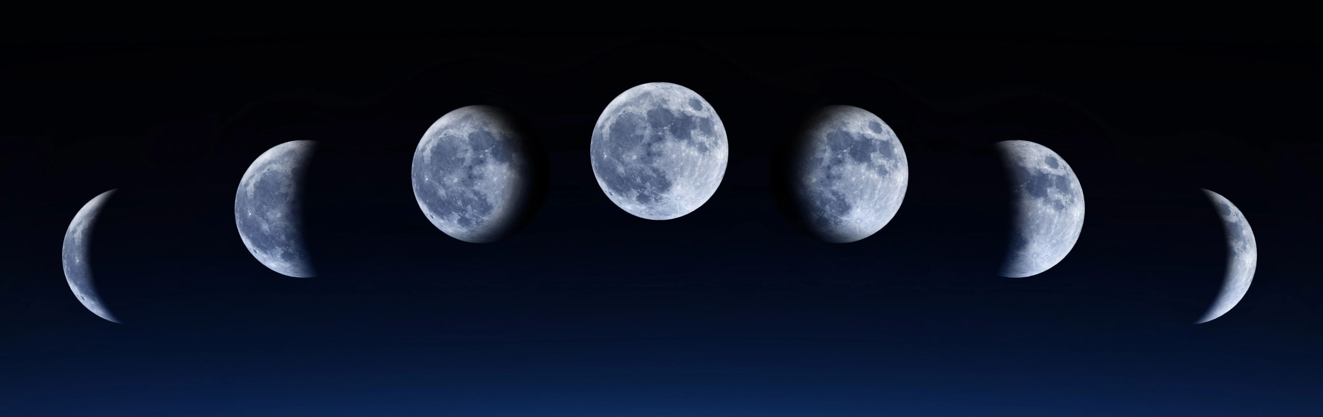 A sequence of six images depicting the lunar phases from crescent to full moon and back to crescent, set against a dark blue sky.