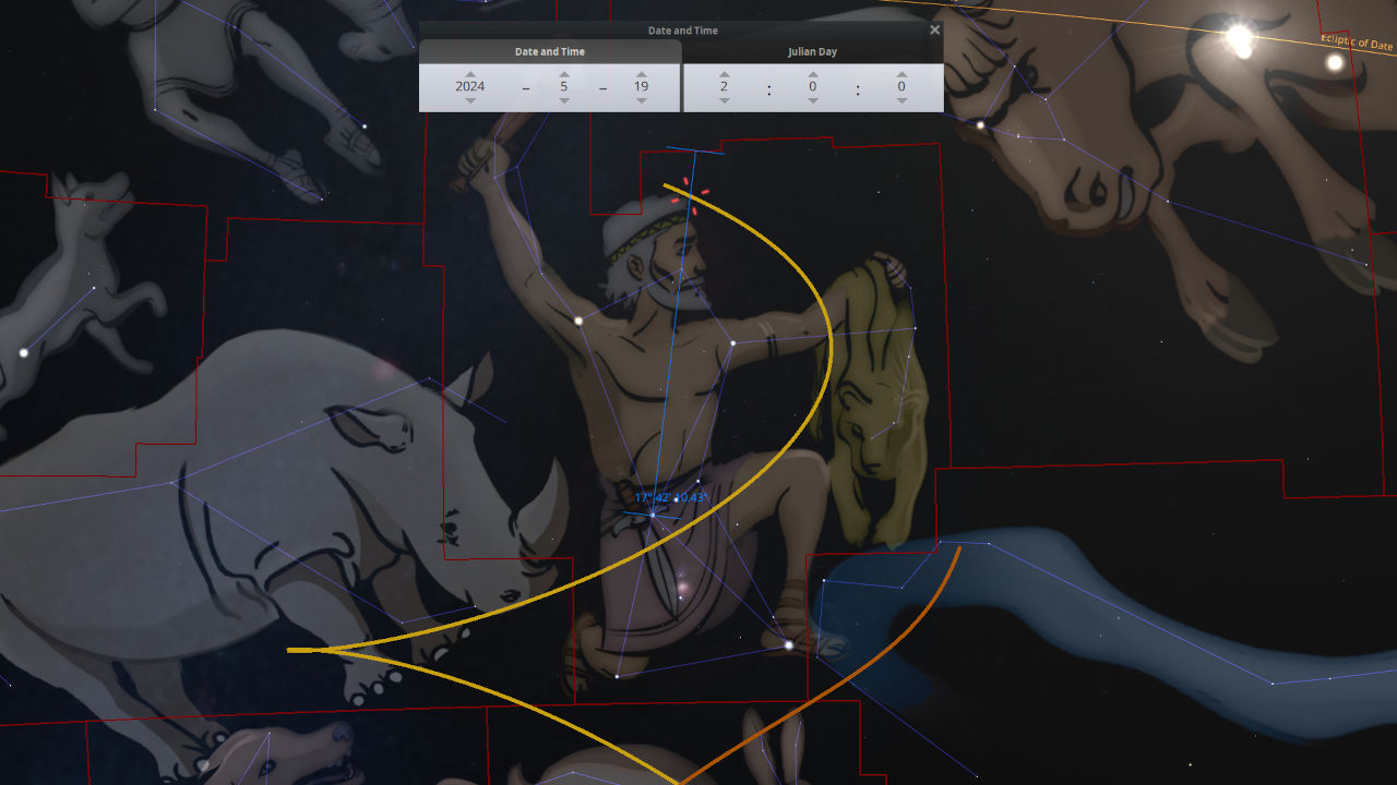 Illustration depicting a constellation visualization tool showing a man wrestling a lion among the stars, connected by lines forming distinct shapes within the celestial sphere. The interface displays options for adjusting date and time settings.