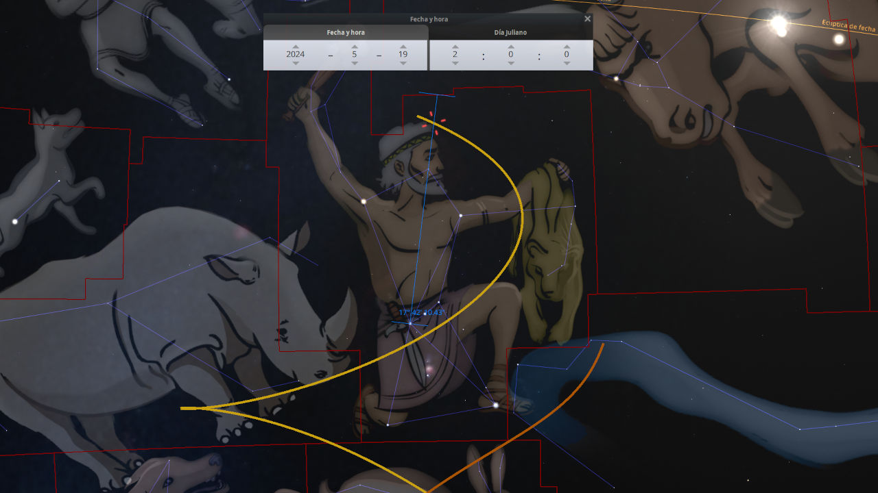 Ilustración digital de figuras estelares antropomórficas conectadas por líneas en el cielo nocturno, representando imágenes clásicas de la Mazzaroth. En el centro, un hombre llevando una piel de león se destaca, cercado por líneas y formas geométricas, con ajustes de fecha y hora mostrados en una interfaz en la parte superior.