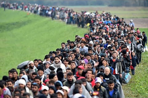 A large group of people of various ages and genders walking along a narrow dirt path between green fields, indicated in an orderly procession stretching far into the distance.