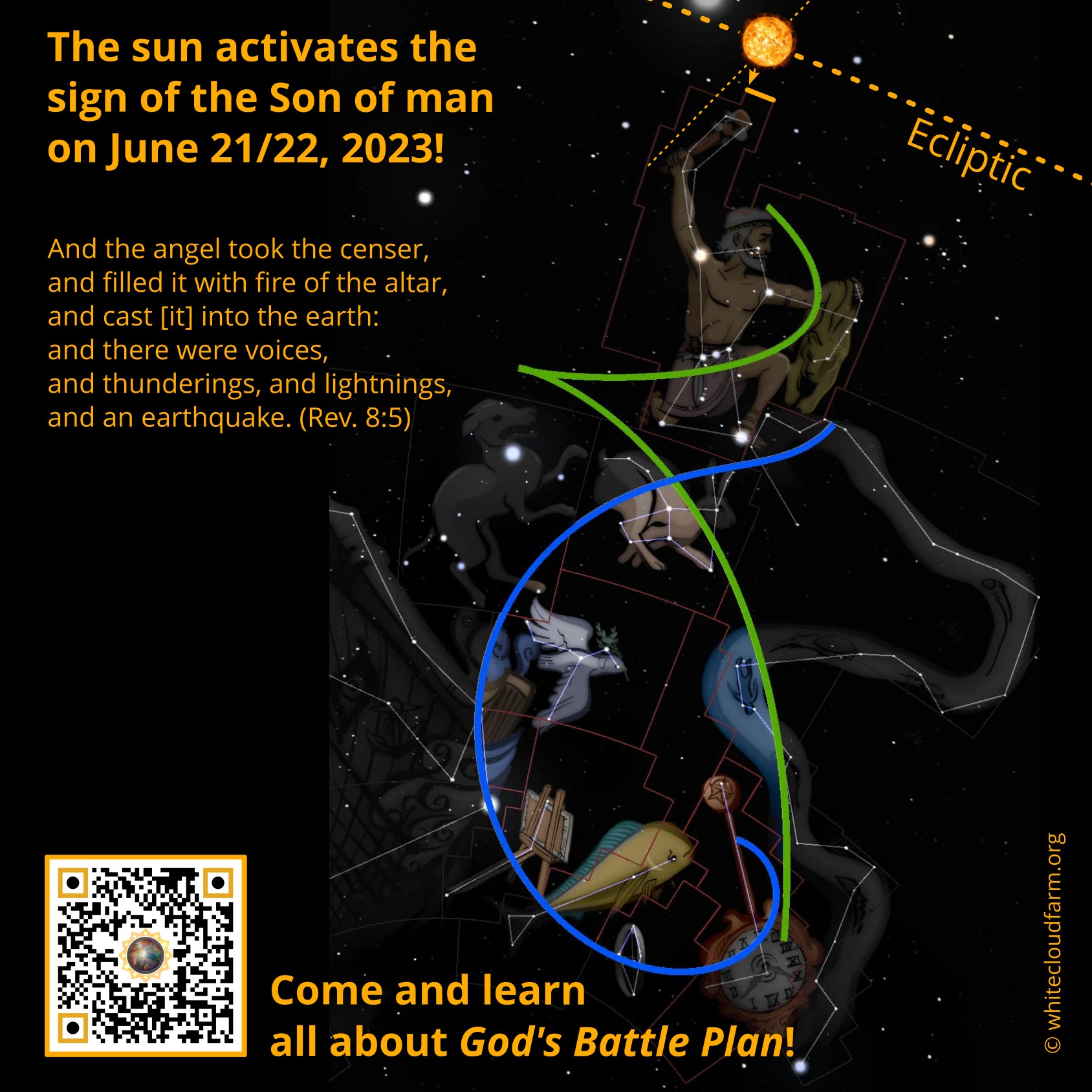 A detailed illustration depicts various constellations set against a dark, starry sky with celestial paths marked in colors. At the center, a prominent figure is highlighted, interacting energetically with the elements around it, including an image of the sun and several scriptural texts overlayed. A QR code and text invite viewers to explore more about a theological theme.