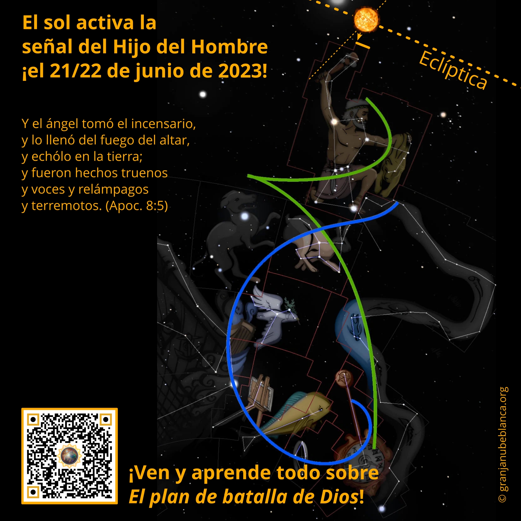 Imagen conceptual que ilustra la eclíptica con elementos celestes y constelaciones alineadas, incluyendo un hombre sosteniendo un incensario hacia el sol. Incluye un texto bíblico de Apocalipsis y promoción de un evento para el 21/22 de junio de 2023 relacionado con fenómenos astronómicos.