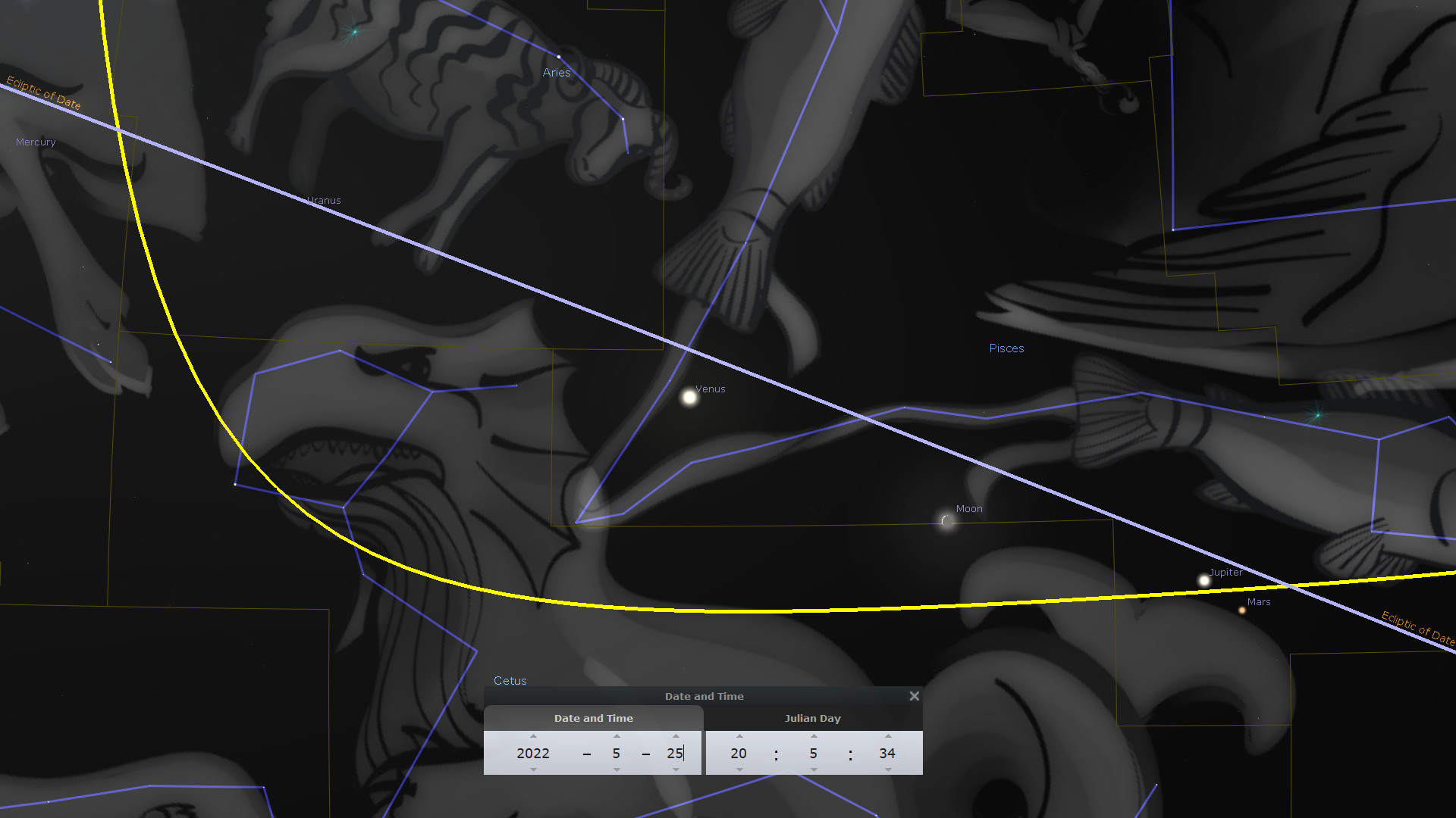 An intricate astronomical digital illustration highlighting the celestial spheres and constellations like Aries and Pisces interwoven with the paths and names of planets such as Mercury, Venus, and Jupiter. The Mazzaroth is represented through visual connections between these celestial bodies. Lines indicate the ecliptic date and positions of the planets.