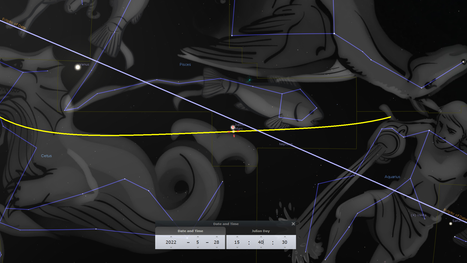A digital astronomical chart depicting various constellations interacting with celestial bodies, such as Venus, Jupiter, and Mars, along the ecliptic line. The image is a monochrome composition featuring constellations depicted as figures and creatures, including identifiers for each depicted, overlaid with lines and labels, including celestial coordinates and planets' positions on a given date.