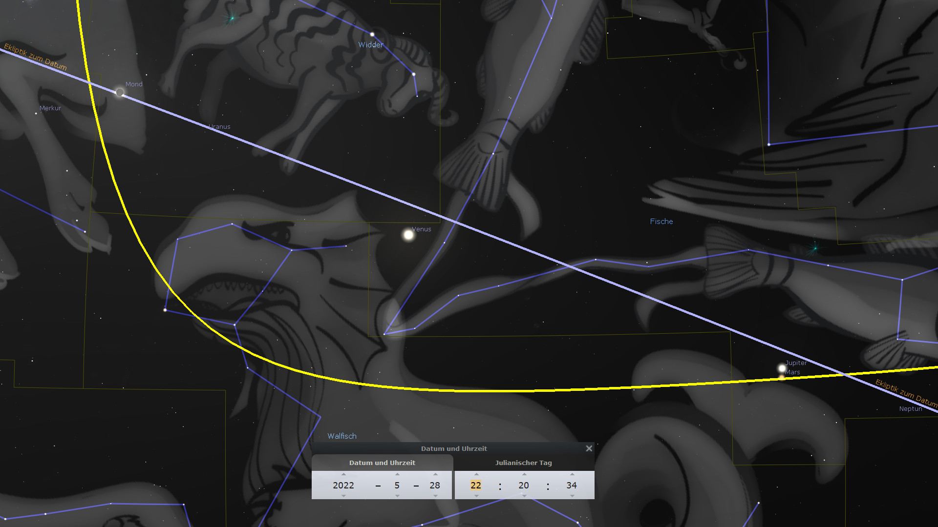 Digitaldarstellung eines astronomischen Programms zeigt Teilansichten verschiedener Sternkonstellationen des Mazzaroth mit benannten Planeten wie Merkur, Venus, Mars sowie den Mond. Geometrische Linien und Koordinaten überlagern die Formationen, ergänzt durch Beschriftungen in deutscher Sprache.