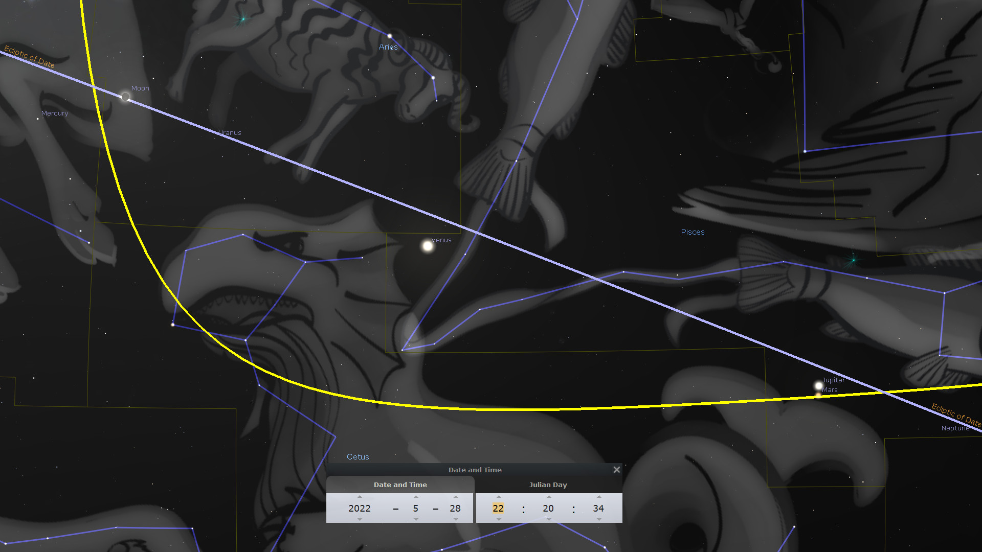 A digital representation of a celestial map featuring various celestial bodies including the Moon, Mercury, Venus, Mars, Jupiter, Uranus, and Neptune positioned against a backdrop of constellations which include illustrations of mythological figures. Yellow and blue lines indicate celestial coordinates and paths.