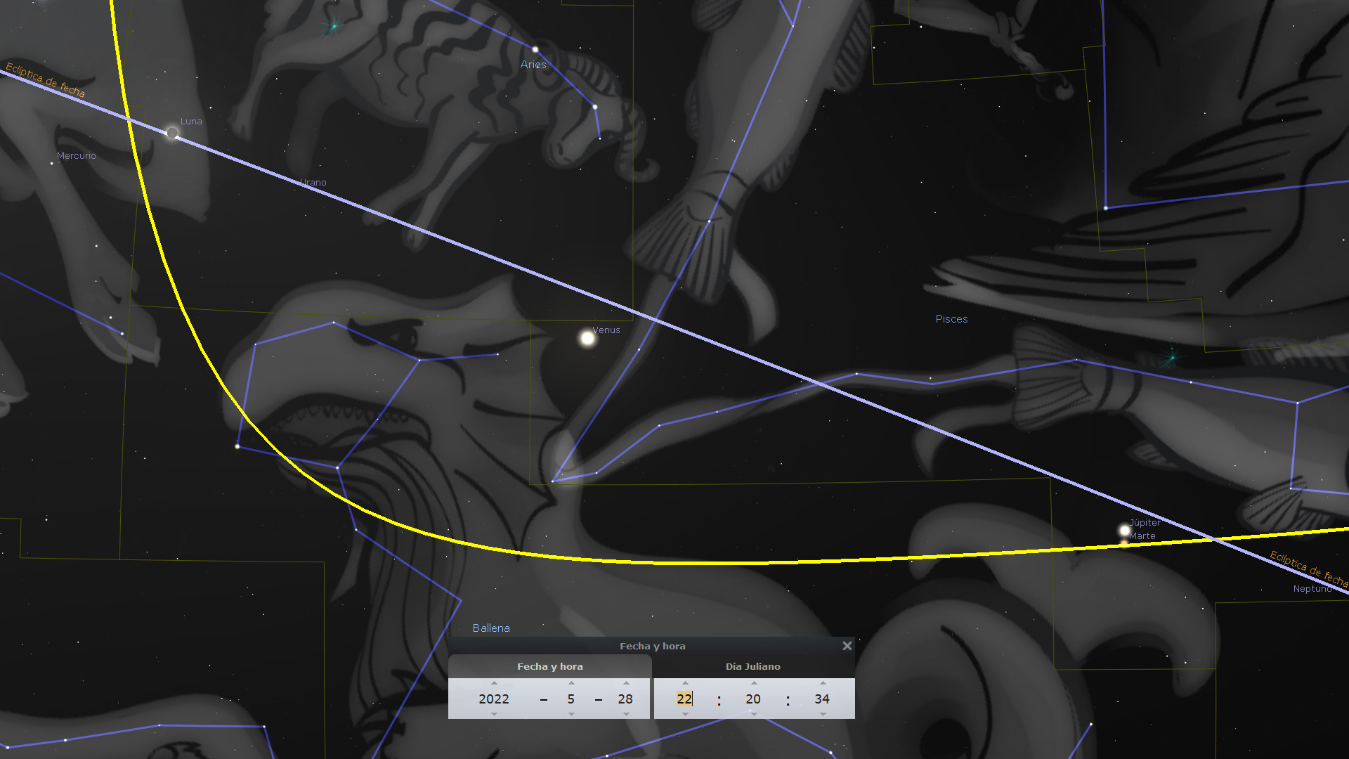 Imagen que muestra una vista digitalizada del cielo nocturno con constelaciones y planetas marcados. Eclípticas y líneas celestiales conectan los puntos de interés, con etiquetas de los cuerpos celestes como Mercurio, la Luna, Venus, Júpiter y Marte, así como varias formaciones estelares que corresponden a las del Mazzaroth.