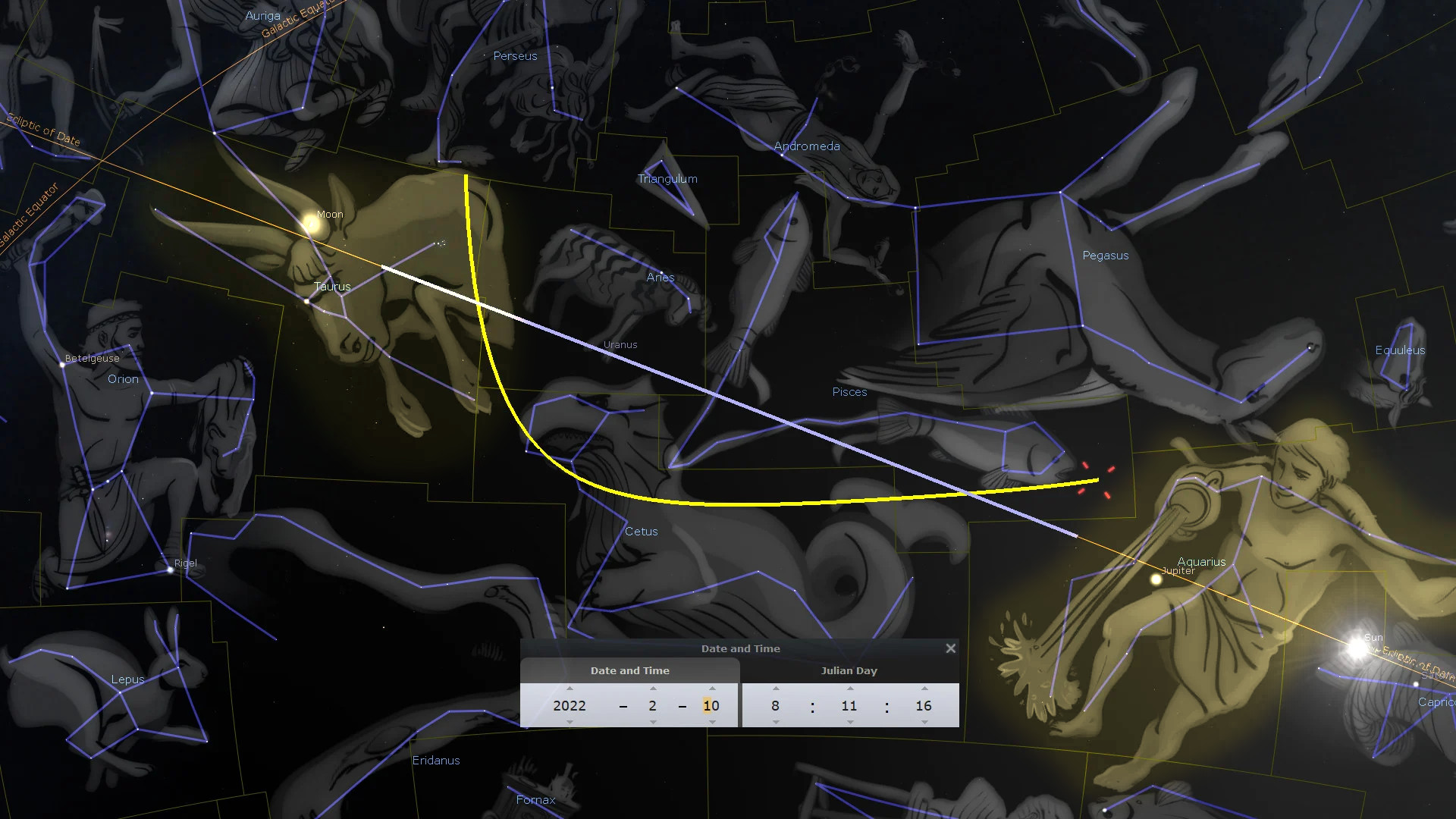 A detailed digital illustration of the night sky depicting various constellations and celestial bodies linked with luminous lines and labels. Elements include figures resembling human and animal forms, prominent stars, and the visible paths of planets against a dark background, with an overlay displaying coordinates and a date from 2022.