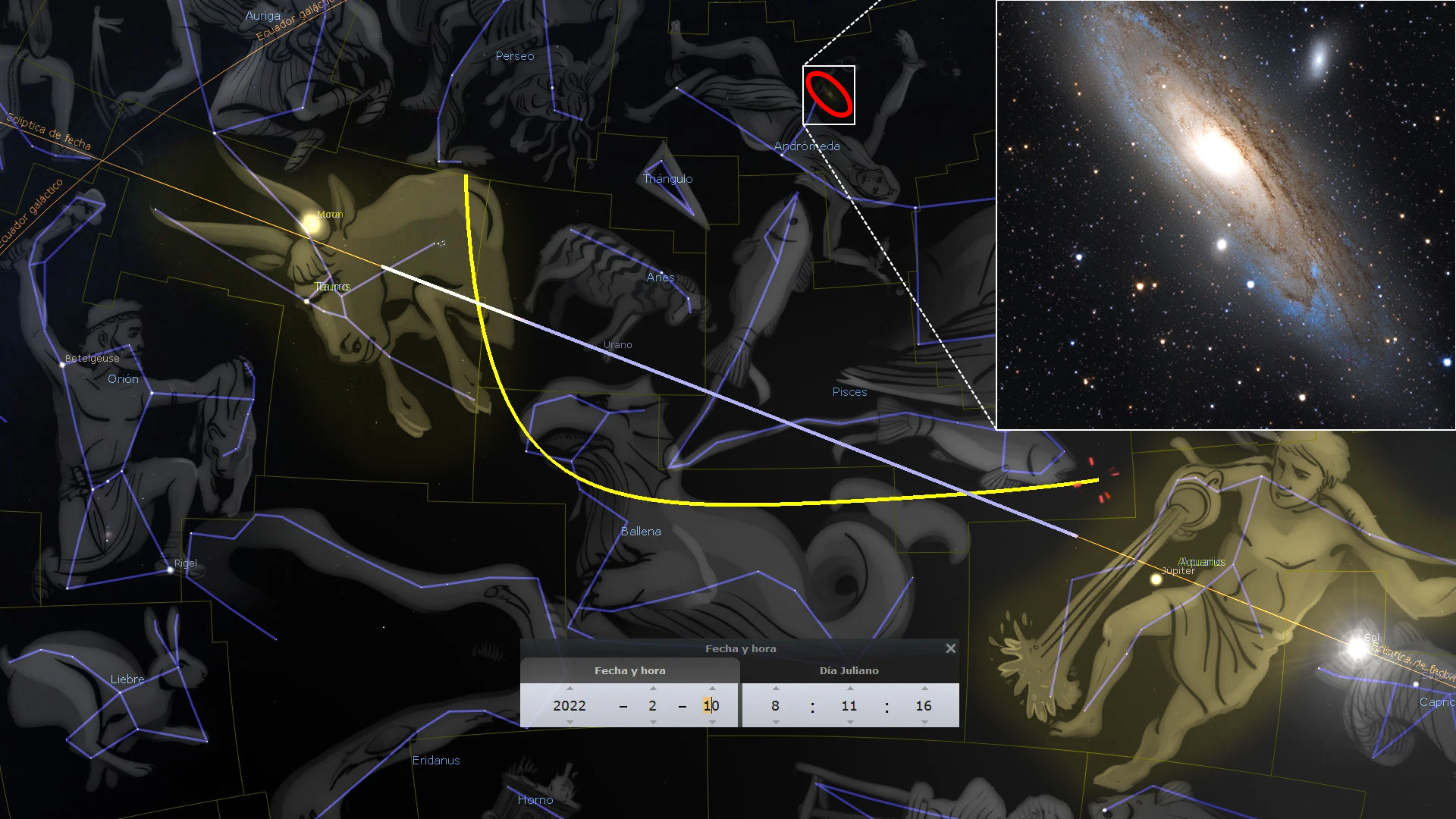 Imagen de un software de observación astronómica que muestra varios conjuntos estelares en el cielo nocturno, destacando la Galaxia de Andrómeda en la parte superior derecha con su brillante núcleo y brazos espirales dispersos entre estrellas visibles. En el resto de la imagen se ven ilustraciones de figuras conectadas por líneas que representan diferentes agrupaciones de estrellas, bajo una perspectiva artística y científica.