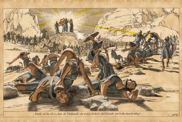 An illustrated scene depicting a dramatic biblical event, with Moses and Aaron observing from a distance as rays of light emanate from a cloud, causing a group of people to fall to the ground in awe and fear. The mountains in the background and the classic attire suggest an ancient setting.