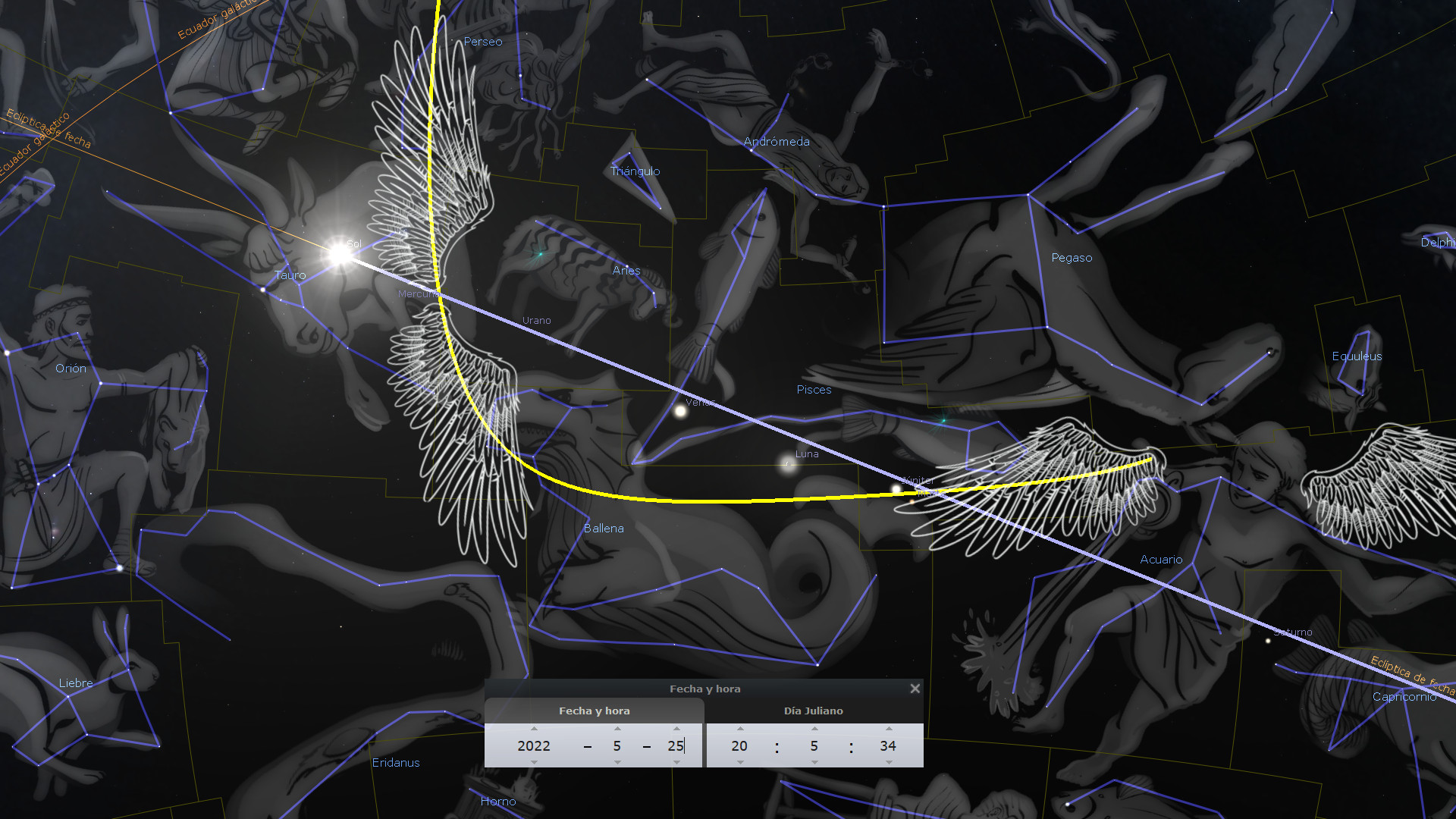 Representación artística de un mapa estelar nocturno que muestra varias constelaciones ilustradas como figuras humanas y animales, interconectadas por líneas azules sobre un fondo oscuro con estrellas. Las constelaciones están etiquetadas con nombres como Orión, Tauro y Pegaso. Un trazo amarillo representa la eclíptica, y varios cuerpos celestes como la Luna y planetas como Venus y Mercurio son visibles.