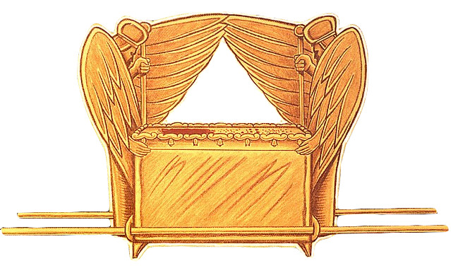 Illustration of an ornate golden chest with winged figures on both sides, connected by a draped cloth over the top, representing elements from historical and religious artifacts.