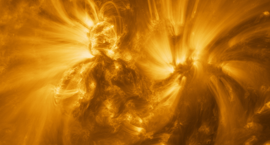 A vibrant depiction of solar plasma, highlighting magnificent swirling patterns and radiant bursts of light that evoke the dynamic activity of the sun's surface.