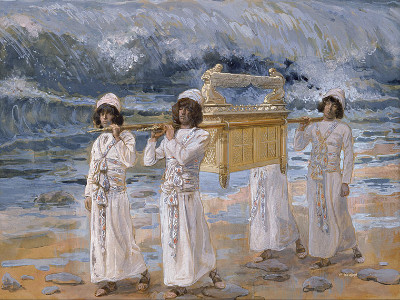 A painting depicting three figures in white robes carrying a golden ark across a riverbed, under a tumultuous sky with looming dark waves.
