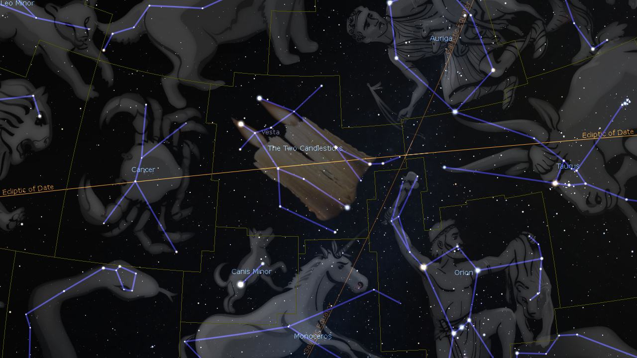 A star map depicting various constellations including Leo Minor, Cancer, and Orion connected by light blue lines against a night sky, with stars scattered throughout. Notable features include a labeled area named "The Two Candlesticks" in the center and intersecting golden lines marked as "Ecliptic of Date."