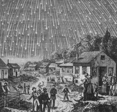 An old illustration depicting a meteor shower over a small rural town. Multiple people are gathered outside, observing the meteors streaking across the sky above houses and dirt paths.