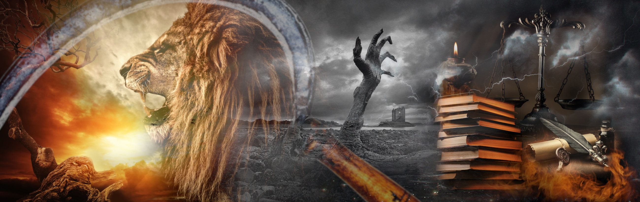 A panoramic artistic collage featuring a sequence of dramatic images. From left to right, a barren tree with icy branches transitions into a vibrant sunset behind a noble lion's profile. Central to the image, the lion's mane seeming to blend into a misty, rugged shoreline under stormy skies. The scene shifts to a stark twilight landscape where a gnarled tree limb points towards a small candle-lit lamp atop a stack of ancient books. Concluding on the right, an ornate set of scales implies themes of justice amidst flashing lightning and curling smoke. The entire collage symbolizes a narrative of power, decay, knowledge, and judgement without direct reference to Mazzaroth.