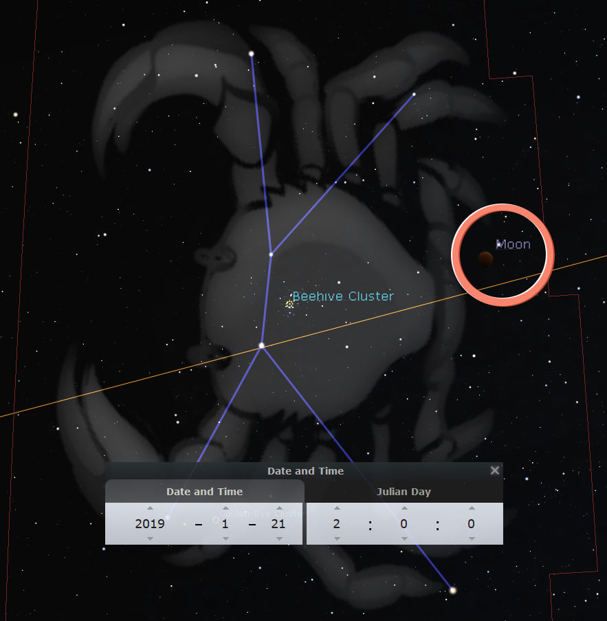 An astronomical software view depicting the night sky with a constellation resembling a crab outlined in blue. Highlighted within the view are the Beehive Cluster and the Moon enclosed in a red circle near the constellation. Additional information such as date and time displayed in the software indicates the 21st of January, 2019.