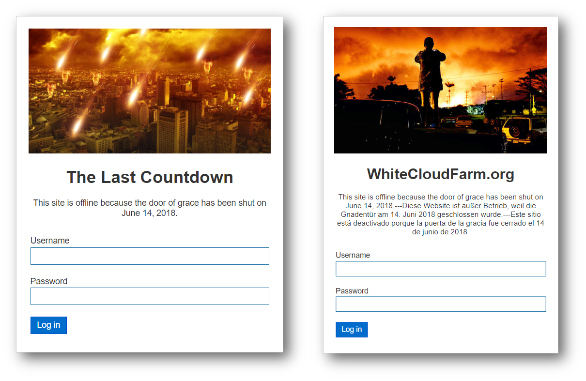 A split-screen image showing two different websites' error messages. The left side depicts a fiery apocalyptic scene over a city with meteors falling from the sky. The right side shows a silhouetted figure standing on a car, facing a fiery horizon with dark clouds. Both have overlay text stating the sites are offline and provide a login interface with username and password fields.