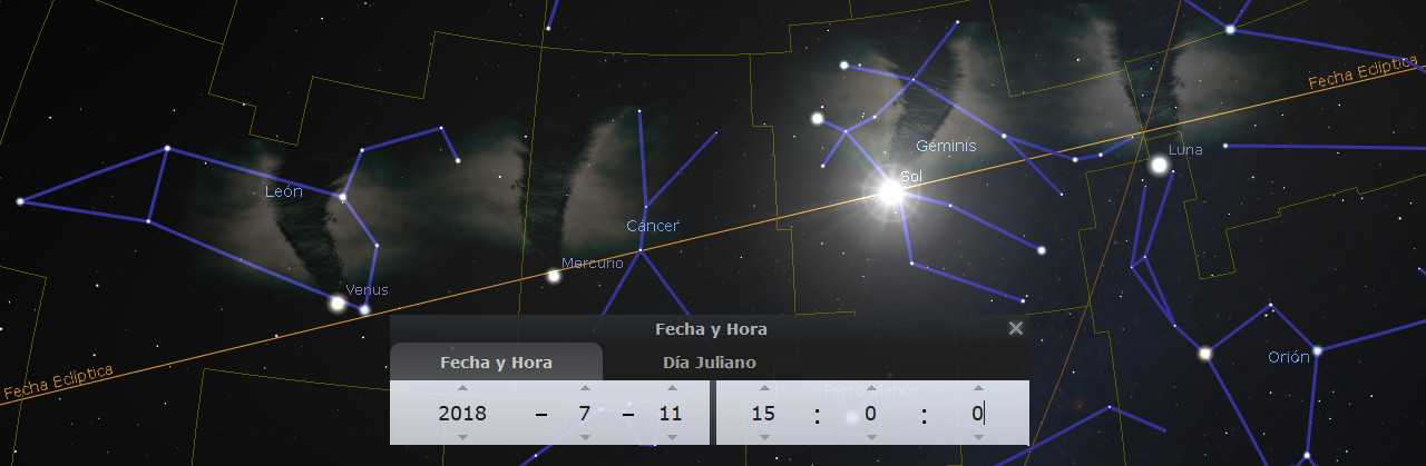 Imagen de un mapa estelar mostrando constelaciones, planetas y la Luna, sobre un fondo de espacio oscuro. Destacan Venus cerca de la constelación de Leo y Mercurio en Cáncer. Se visualiza también la posición del Sol en Géminis, junto a la herramienta con fecha y hora del 11 de julio de 2018.