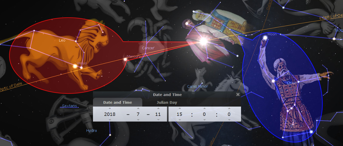 An illustrated depiction of the celestial sky featuring the constellation of Leo, represented as a majestic lion, and Orion, depicted as a warrior, standing amidst other celestial bodies. Highlights include the Moon and Sun aligned along the ecliptic, surrounded by various constellation symbols. A control panel indicates the date as July 11, 2018. The complex network of lines traces paths and boundaries in the cosmos.