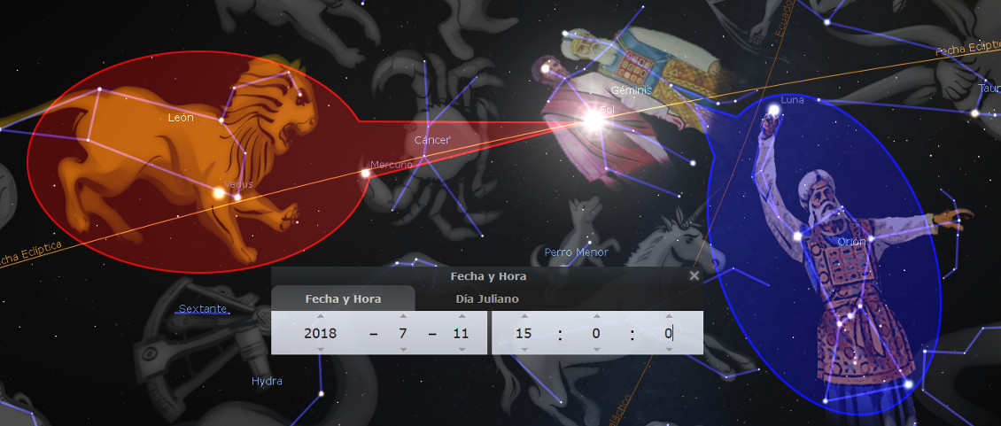 Imagen que muestra una representación gráfica del cielo estrellado con figuras y constelaciones iluminadas. Destacan representaciones de constelaciones como León y Cáncer, junto con íconos de planetas como Venus y Mercurio. La constelación de Orión se encuentra en el extremo derecho, mientras que elementos adicionales como el Sol y la Luna también están visibles. En la parte inferior, se observan interfaces gráficas que indican la fecha y hora específica.