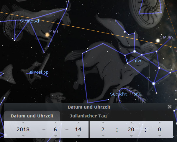 Sternkarte mit Darstellung verschiedener Himmelskonstellationen und Planeten, darunter Mars und Saturn. Zusätzliche Informationen über Datum und Zeit im julianischen Kalender werden angezeigt.